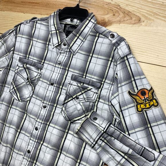 BKE Buckle Shirt Large Gray Pearl Snap Button Long Sleeve Slim Fit Plaid Western - Picture 1 of 14